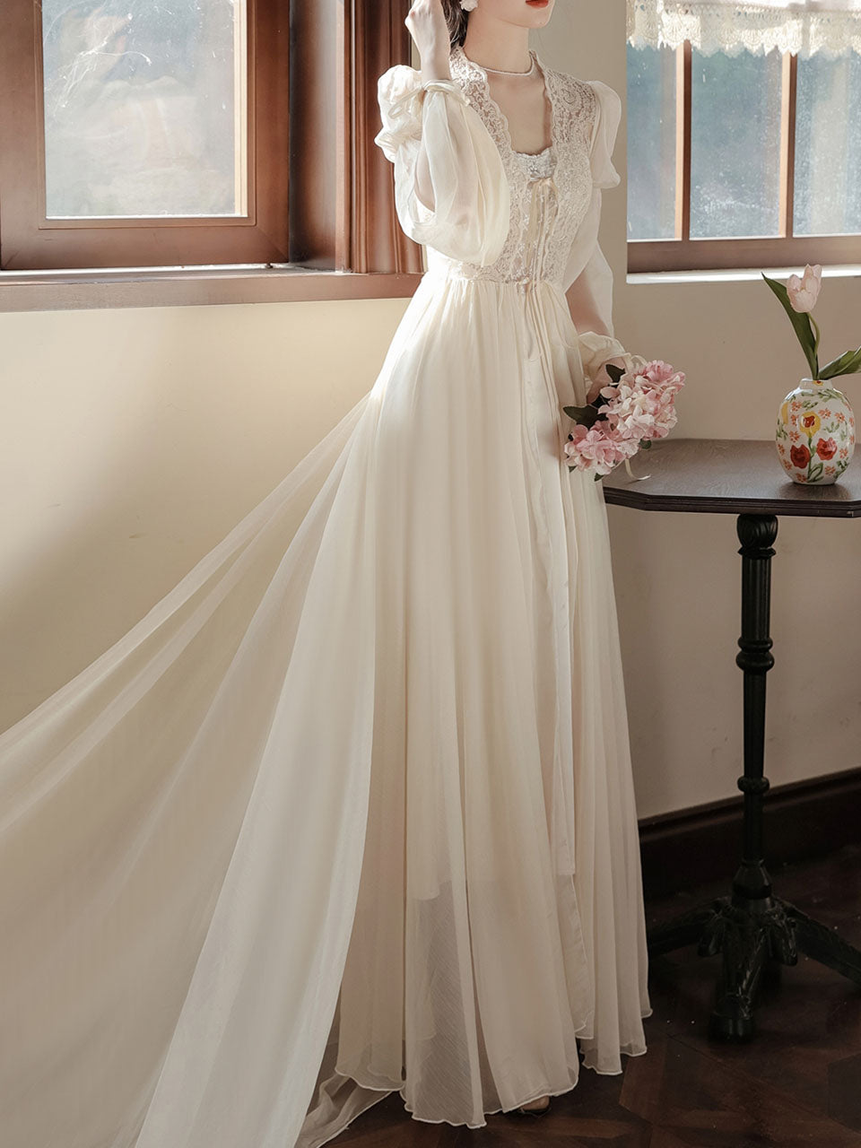 Apricot Lace Lantern Sleeves Romantic Wedding Dress with Tail Inspired By Sleeping Beauty