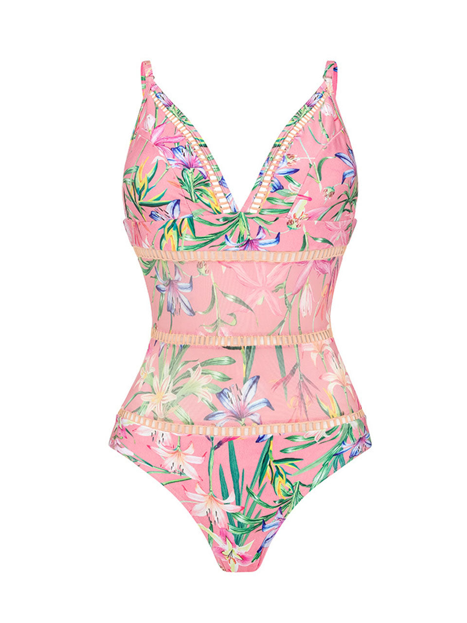 Pink Lace Flowers One-piece Swimsuit With Bathing Suit Warp Skirt