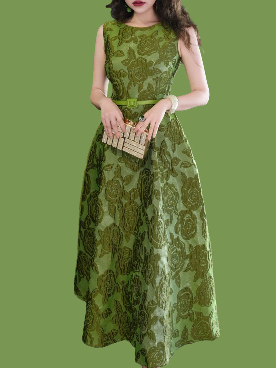 Green Luxury Rose High Waist Swing Vintage Dress With Pockets