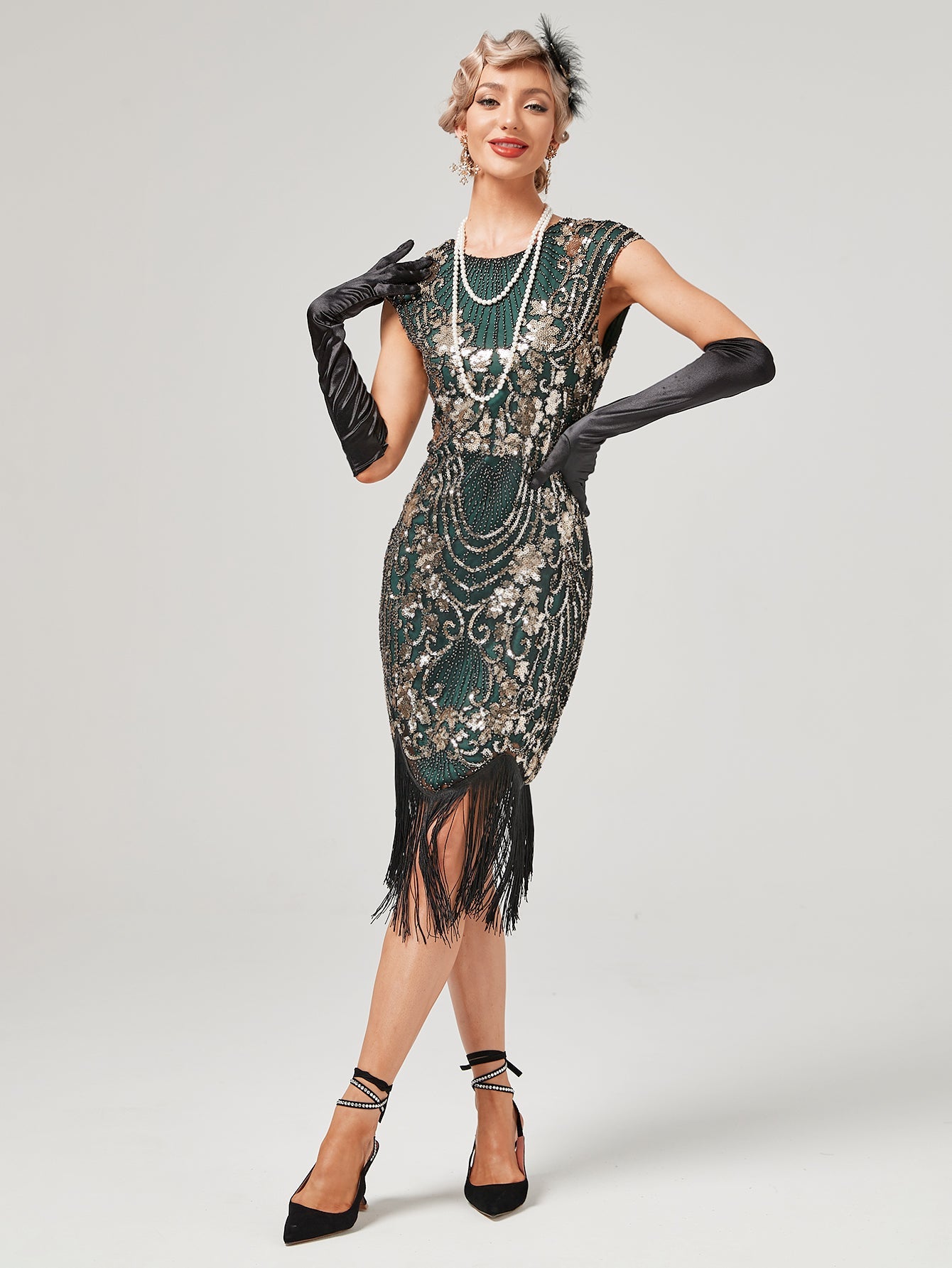 Crew Neck Sequined Beaded Cap Sleeve Tassels 1920S Gatsby Dress