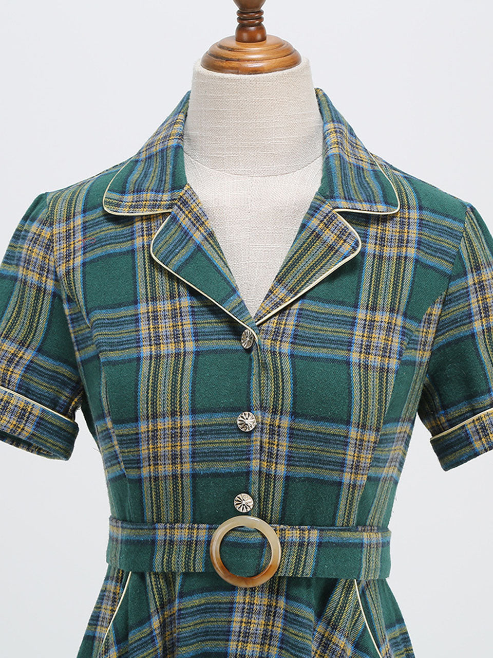 Green Plaid Turn Down Collar Short Sleeves 1950S VintageShirt Dress With Pockets