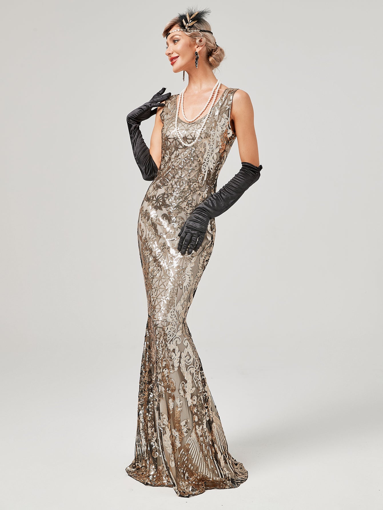 Gold 1920S Sequined Fringe Flapper Maxi Dress