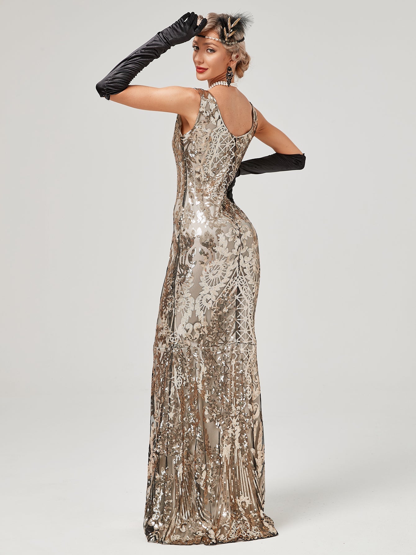 Gold 1920S Sequined Fringe Flapper Maxi Dress