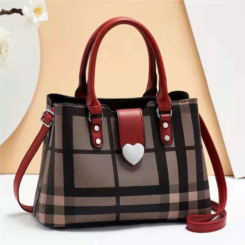 Triple Compartment Women's Top Handle Satchel Leather Plaid Crossbody Shoulder Bag