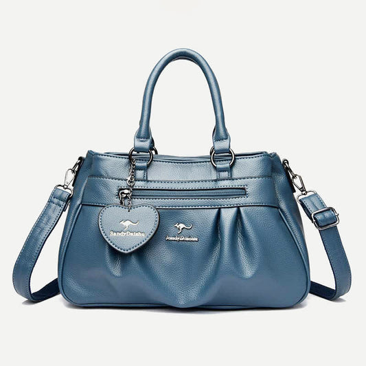 Triple Compartment Handbag Top-Handle Satchel PU Leather Crossbody Purse